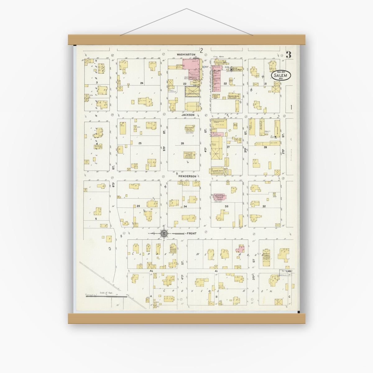 Old map wall art mockup — magnetic wood frame on white wall — Sanborn Fire Insurance Map from Salem, Dent County, Missouri (1910), Sheet #0003