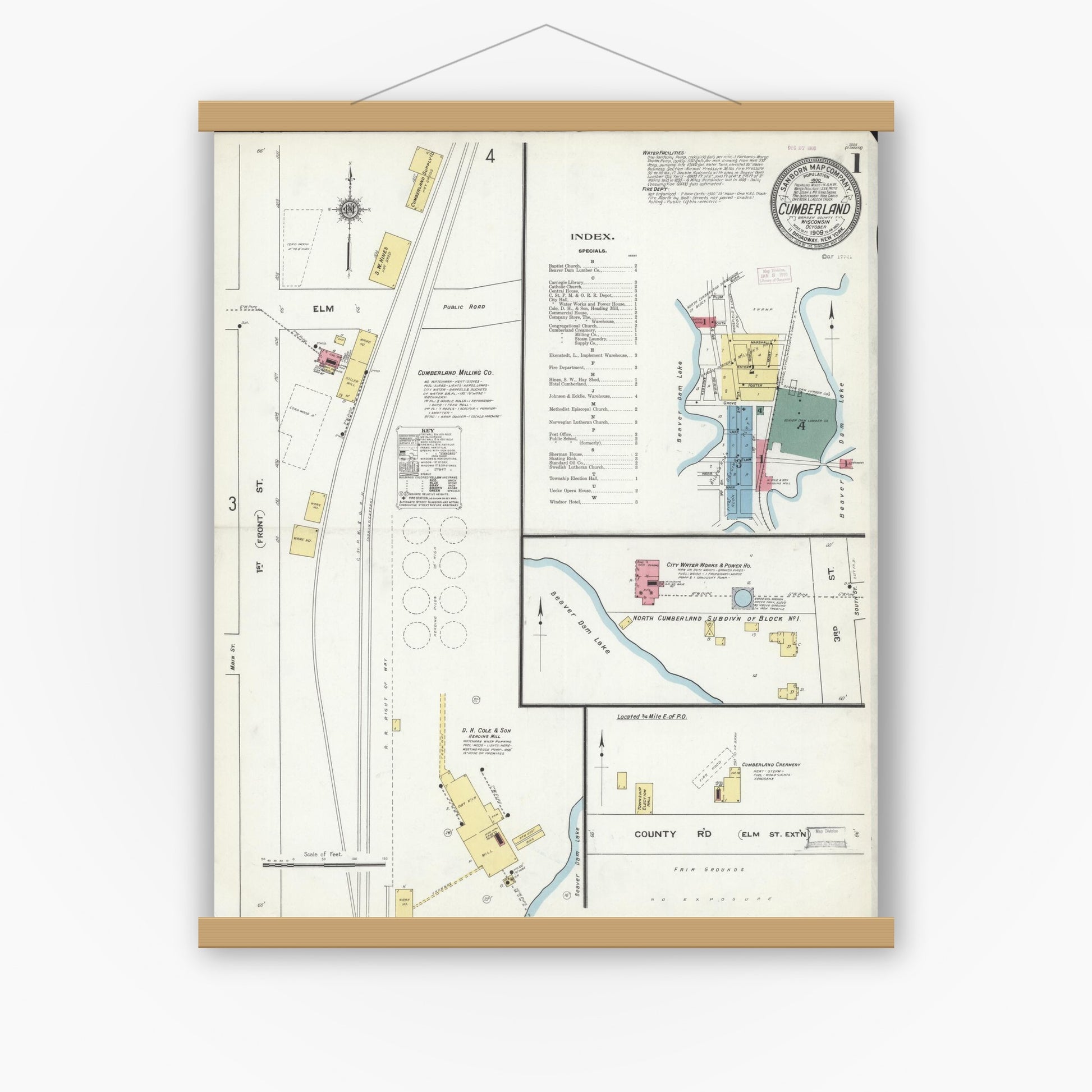 Old map wall art mockup — magnetic wood frame on white wall — Sanborn Fire Insurance Map from Cumberland, Barron County, Wisconsin (1909), Sheet #0001
