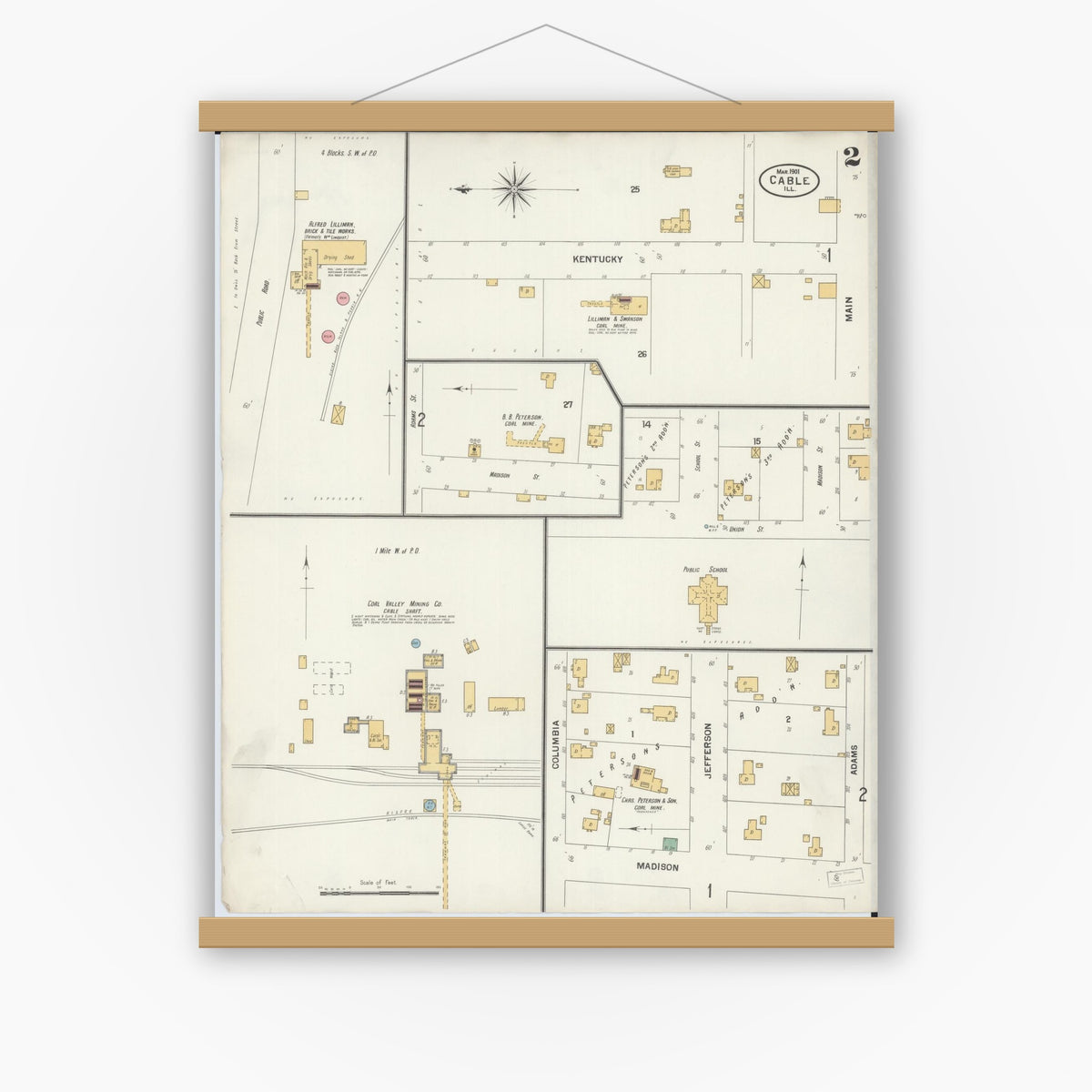 Old map wall art mockup — magnetic wood frame on white wall — Sanborn Fire Insurance Map from Cable, Mercer County, Illinois (1901), Sheet #0002