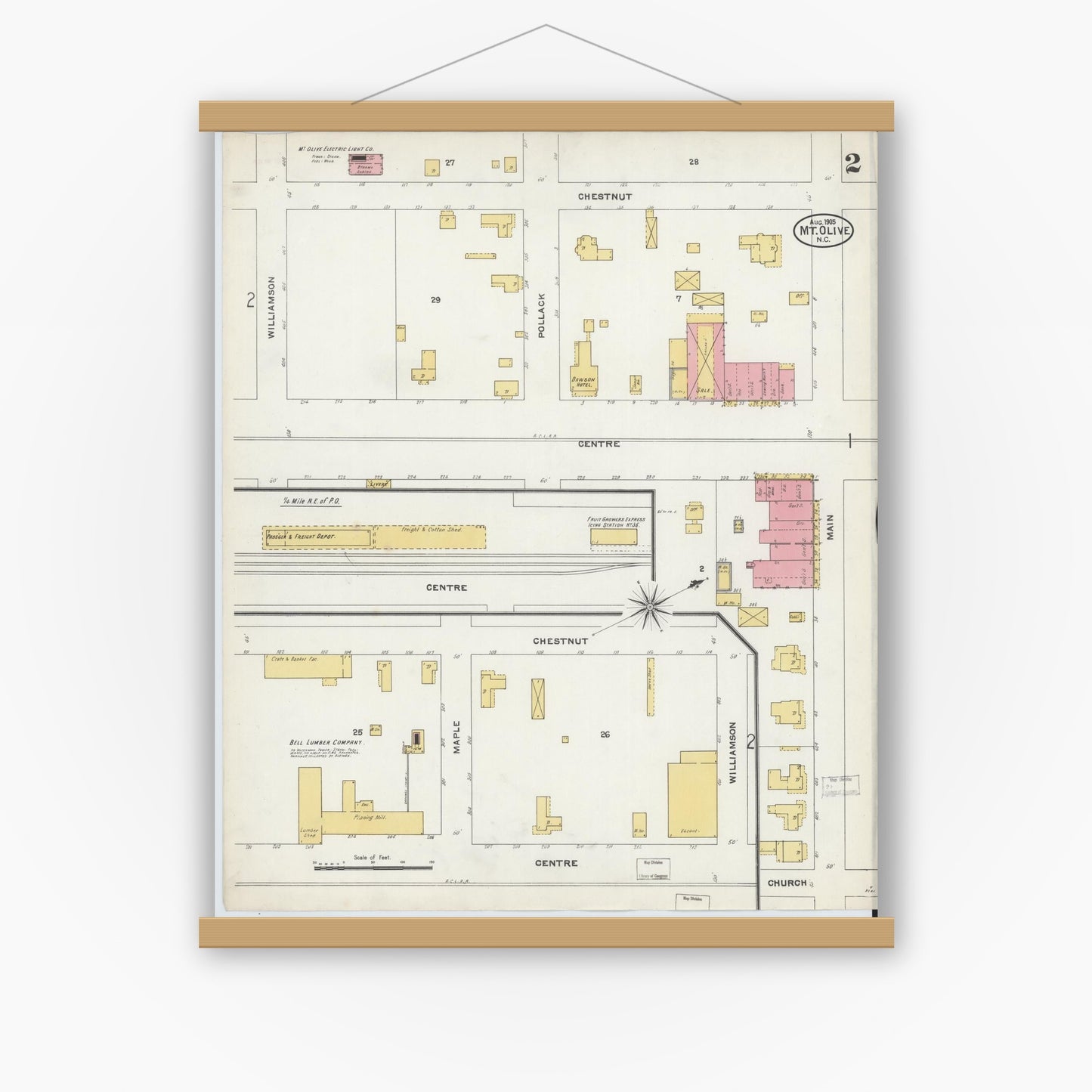 Old map wall art mockup — magnetic wood frame on white wall — Sanborn Fire Insurance Map from Mount Olive, Wayne County, North Carolina (1905), Sheet #0002