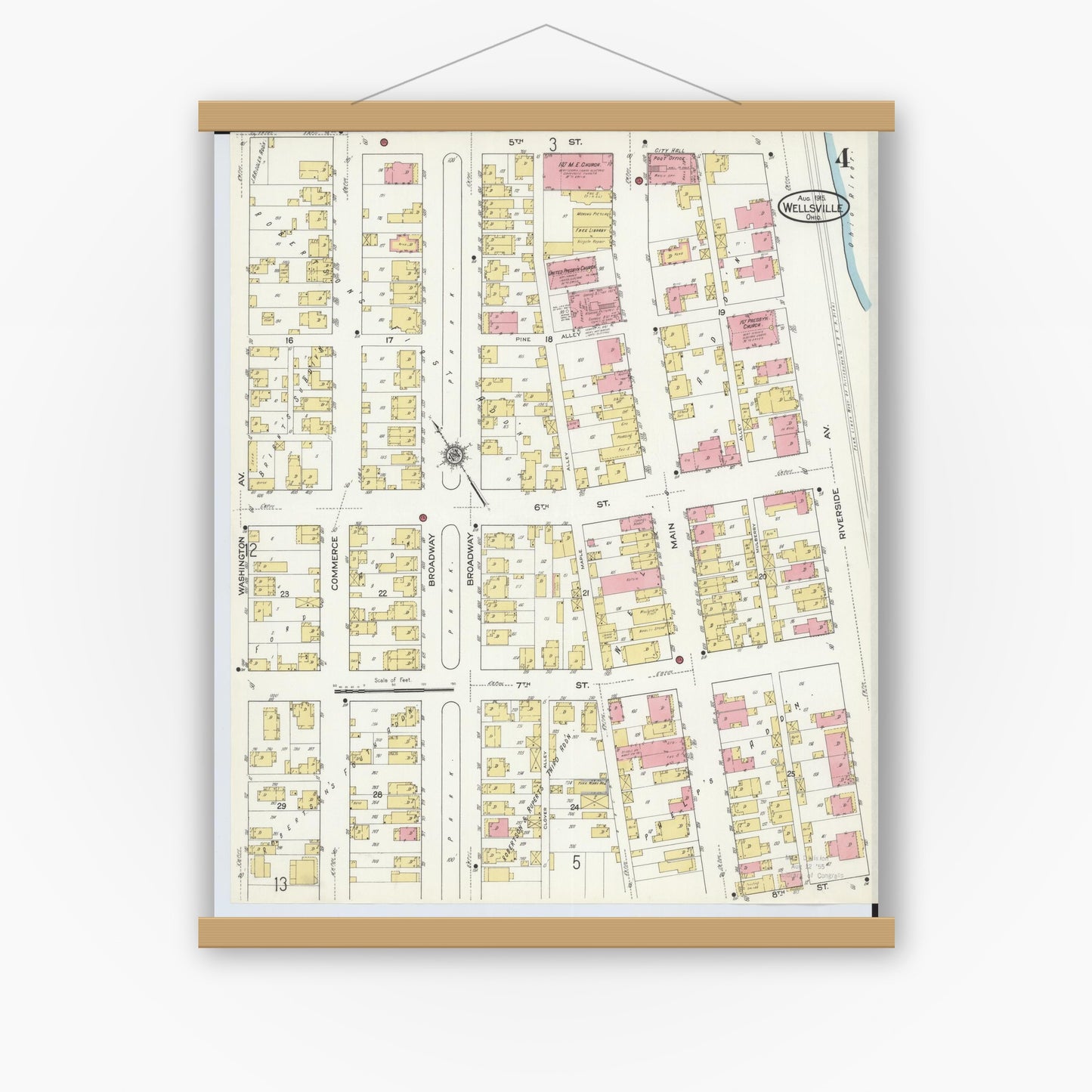 Old map wall art mockup — magnetic wood frame on white wall — Sanborn Fire Insurance Map from Wellsville, Columbiana County, Ohio (1915), Sheet #0004