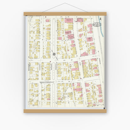 Old map wall art mockup — magnetic wood frame on white wall — Sanborn Fire Insurance Map from Wellsville, Columbiana County, Ohio (1915), Sheet #0004
