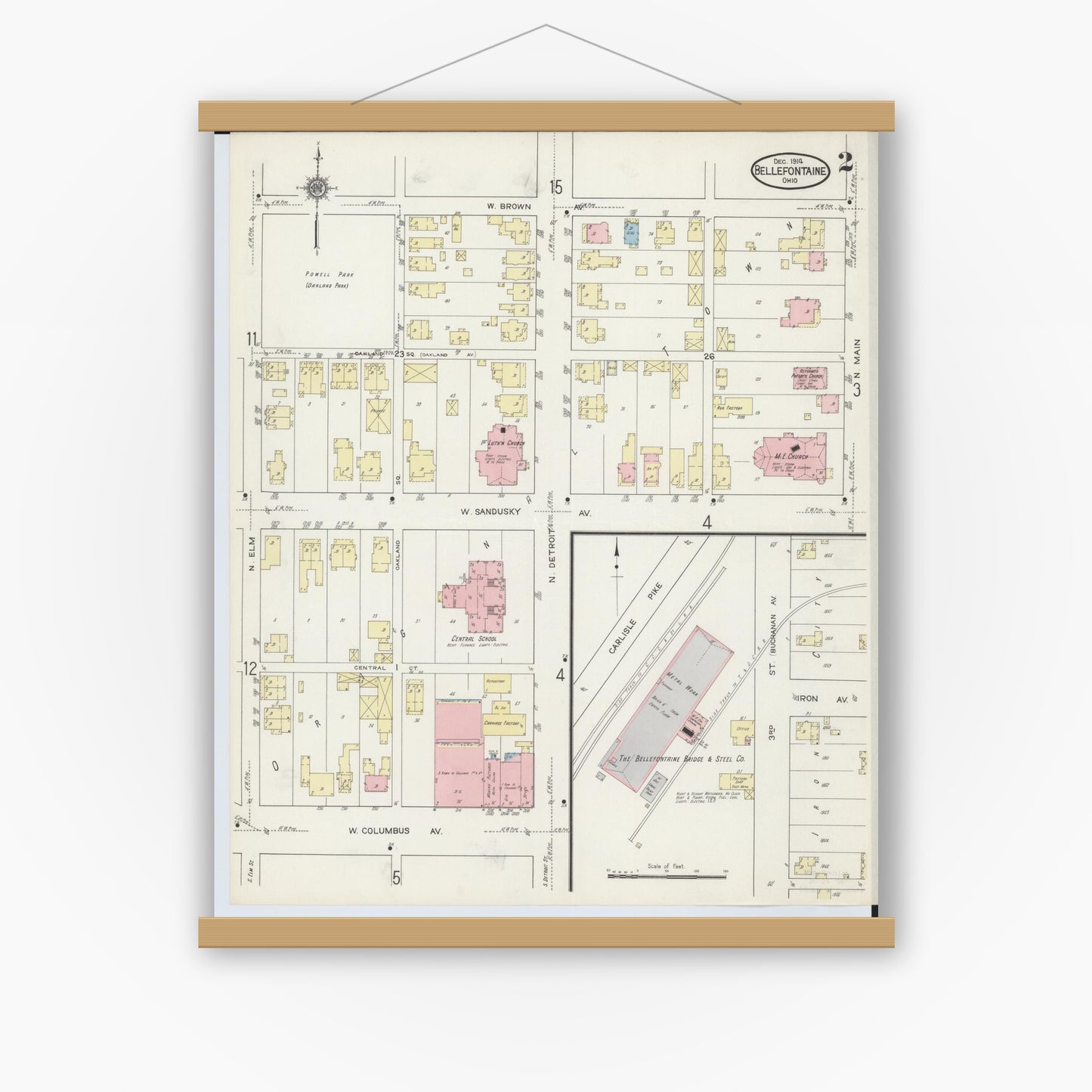 Old map wall art mockup — magnetic wood frame on white wall — Sanborn Fire Insurance Map from Bellefontaine, Logan County, Ohio (1914), Sheet #0002