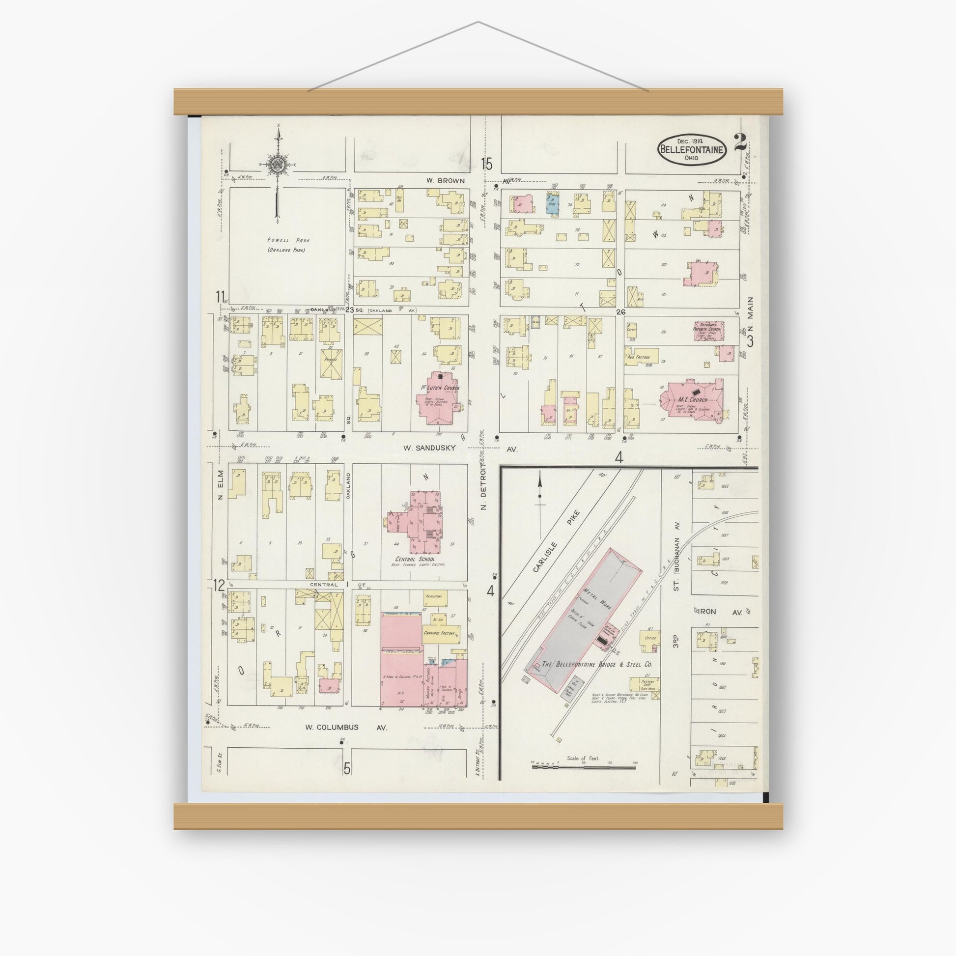 Old map wall art mockup — magnetic wood frame on white wall — Sanborn Fire Insurance Map from Bellefontaine, Logan County, Ohio (1914), Sheet #0002