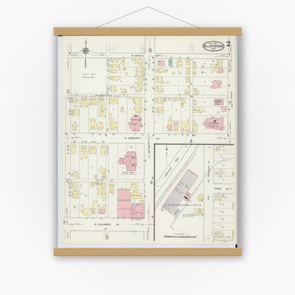 Old map wall art mockup — magnetic wood frame on white wall — Sanborn Fire Insurance Map from Bellefontaine, Logan County, Ohio (1914), Sheet #0002