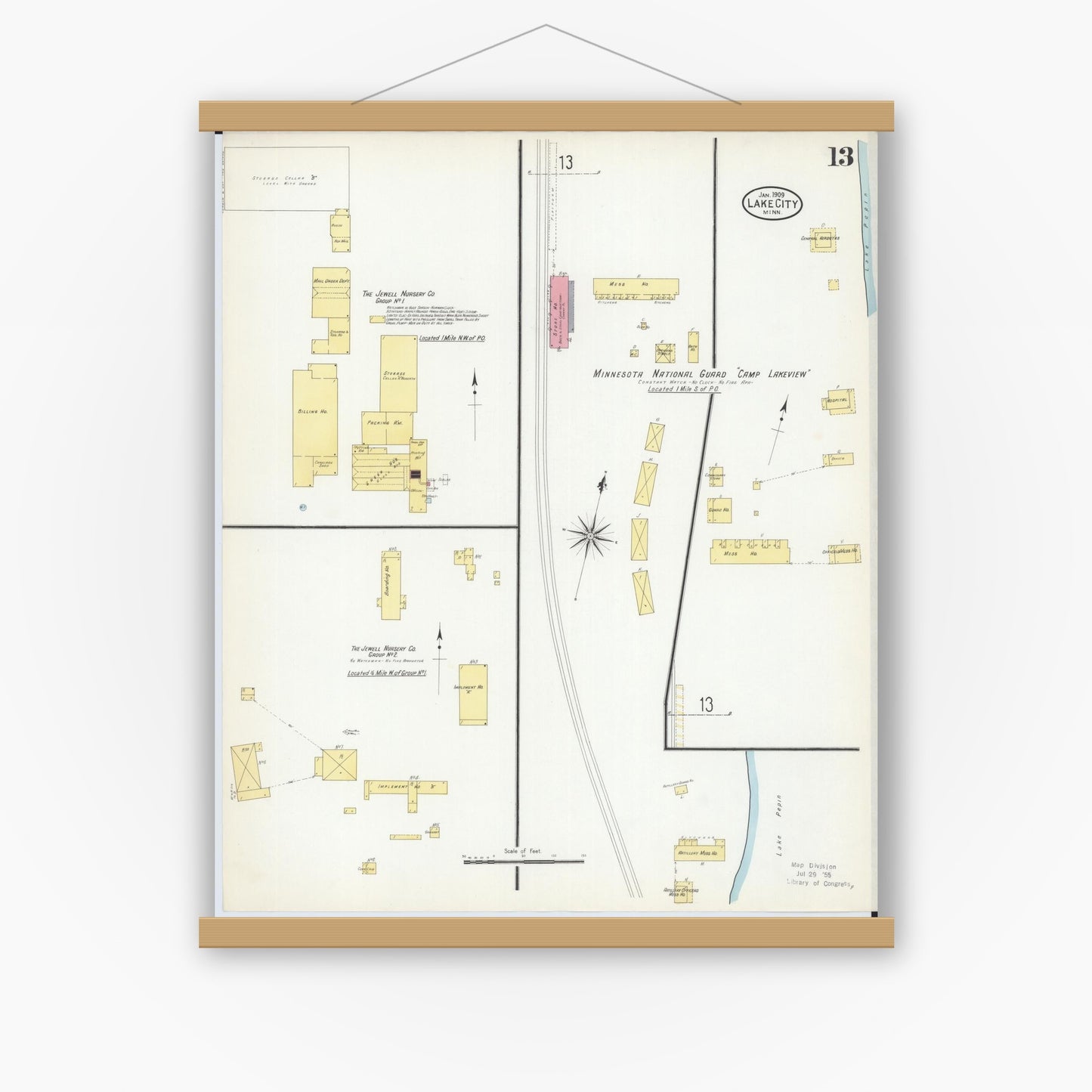 Old map wall art mockup — magnetic wood frame on white wall — Sanborn Fire Insurance Map from Lake City, Wabasha County, Minnesota (1909), Sheet #0013