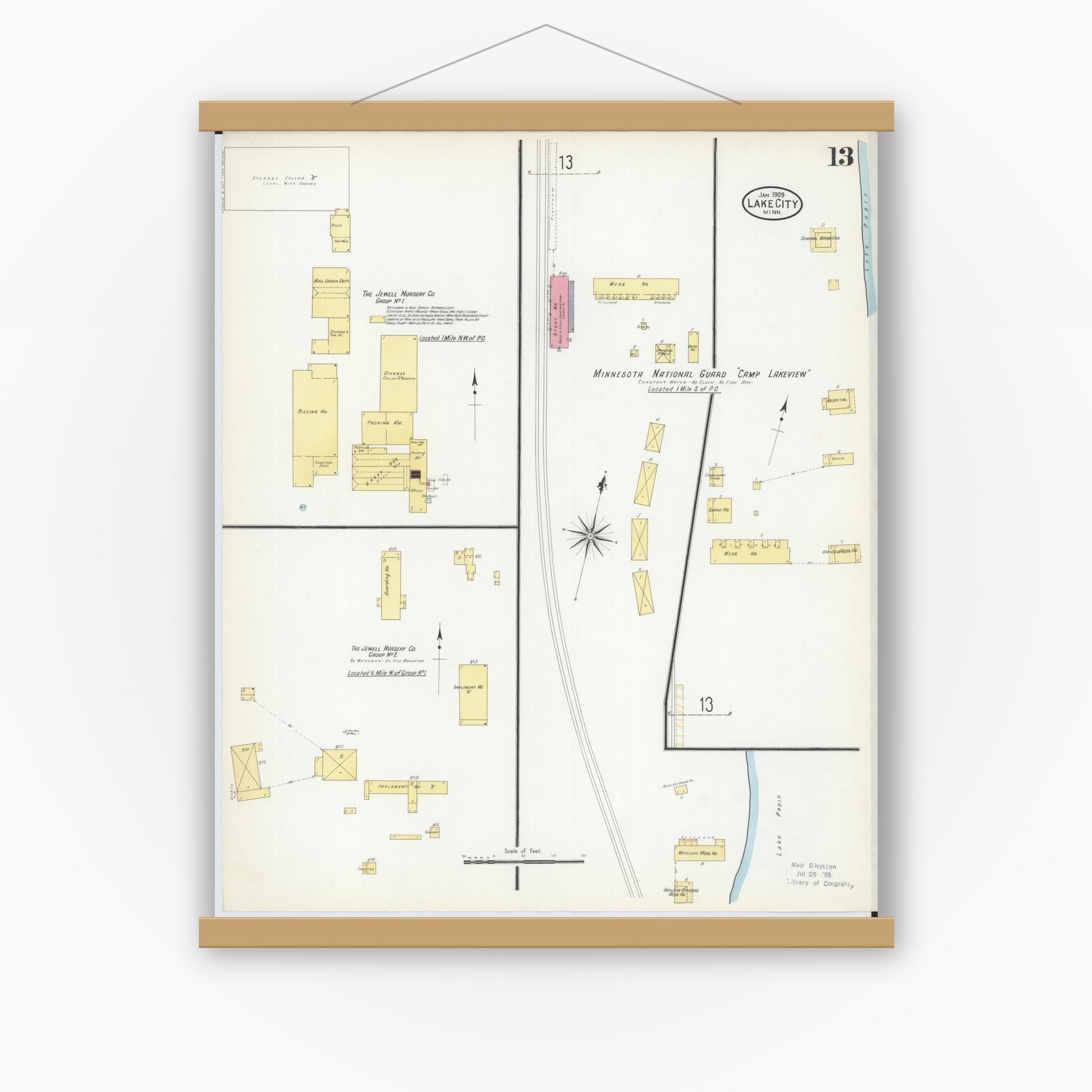 Old map wall art mockup — magnetic wood frame on white wall — Sanborn Fire Insurance Map from Lake City, Wabasha County, Minnesota (1909), Sheet #0013