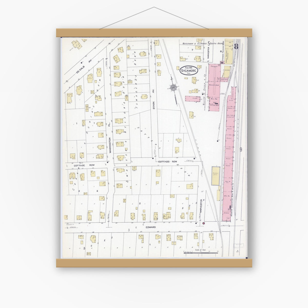 Old map wall art mockup — magnetic wood frame on white wall — Sanborn Fire Insurance Map from Sycamore, De Kalb County, Illinois (1912), Sheet #0008