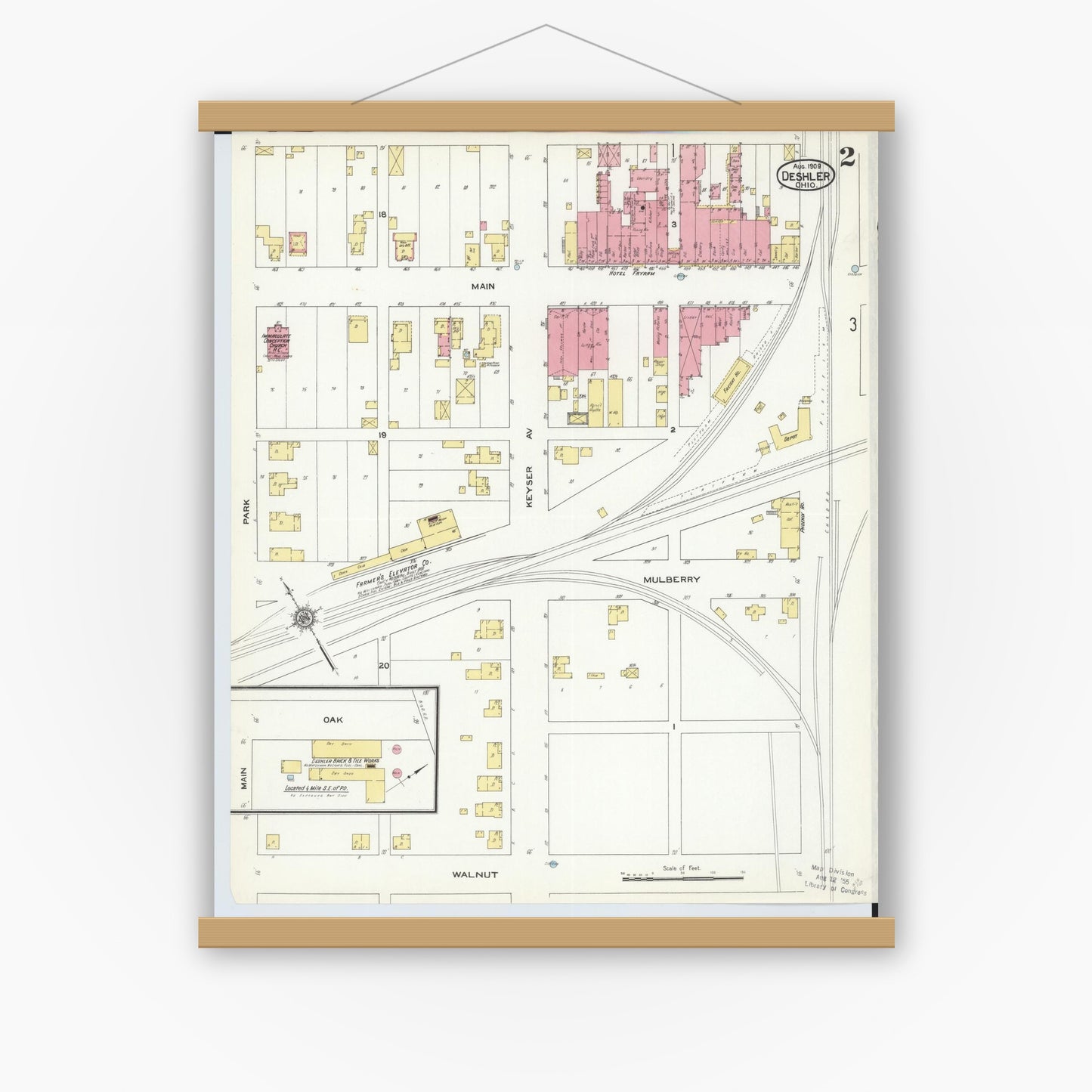 Old map wall art mockup — magnetic wood frame on white wall — Sanborn Fire Insurance Map from Deshler, Henry County, Ohio (1909), Sheet #0002
