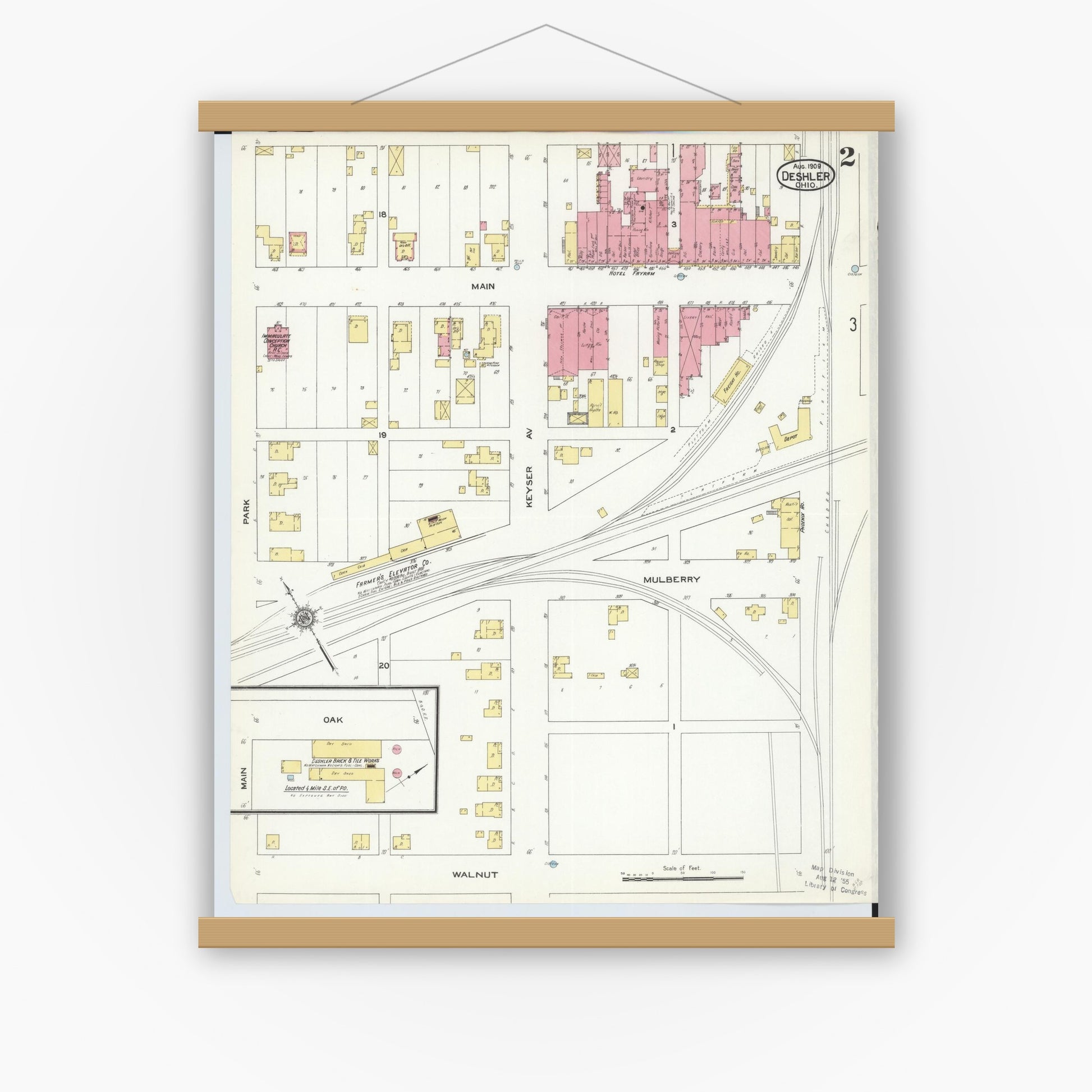 Old map wall art mockup — magnetic wood frame on white wall — Sanborn Fire Insurance Map from Deshler, Henry County, Ohio (1909), Sheet #0002