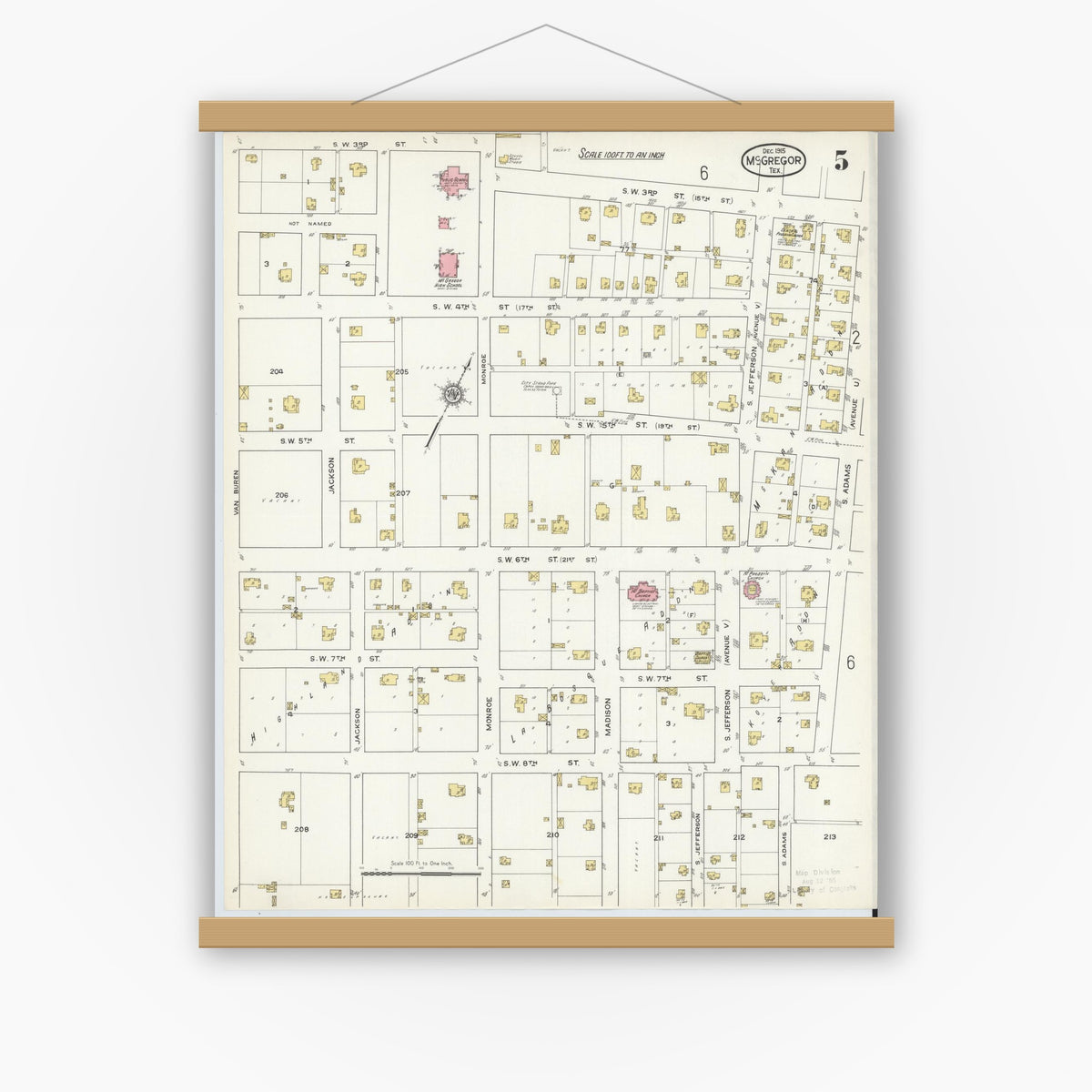 Old map wall art mockup — magnetic wood frame on white wall — Sanborn Fire Insurance Map from McGregor, McLennan County, Texas (1915), Sheet #0005