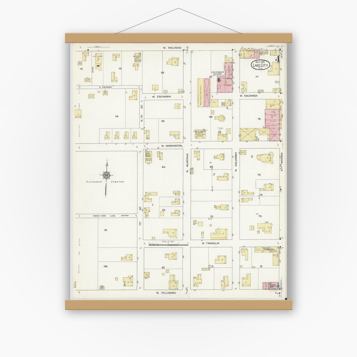 Old map wall art mockup — magnetic wood frame on white wall — Sanborn Fire Insurance Map from Lake City, Columbia County, Florida (1912), Sheet #0004