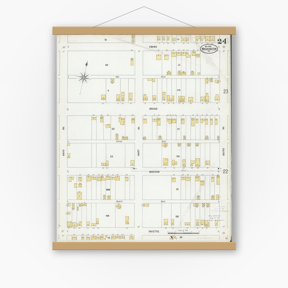 Old map wall art mockup — magnetic wood frame on white wall — Sanborn Fire Insurance Map from Washington, Washington County, Pennsylvania (1900), Sheet #0024