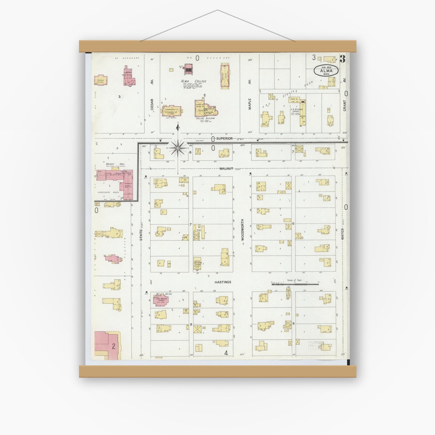 Old map wall art mockup — magnetic wood frame on white wall — Sanborn Fire Insurance Map from Alma, Gratiot County, Michigan (1902), Sheet #0003