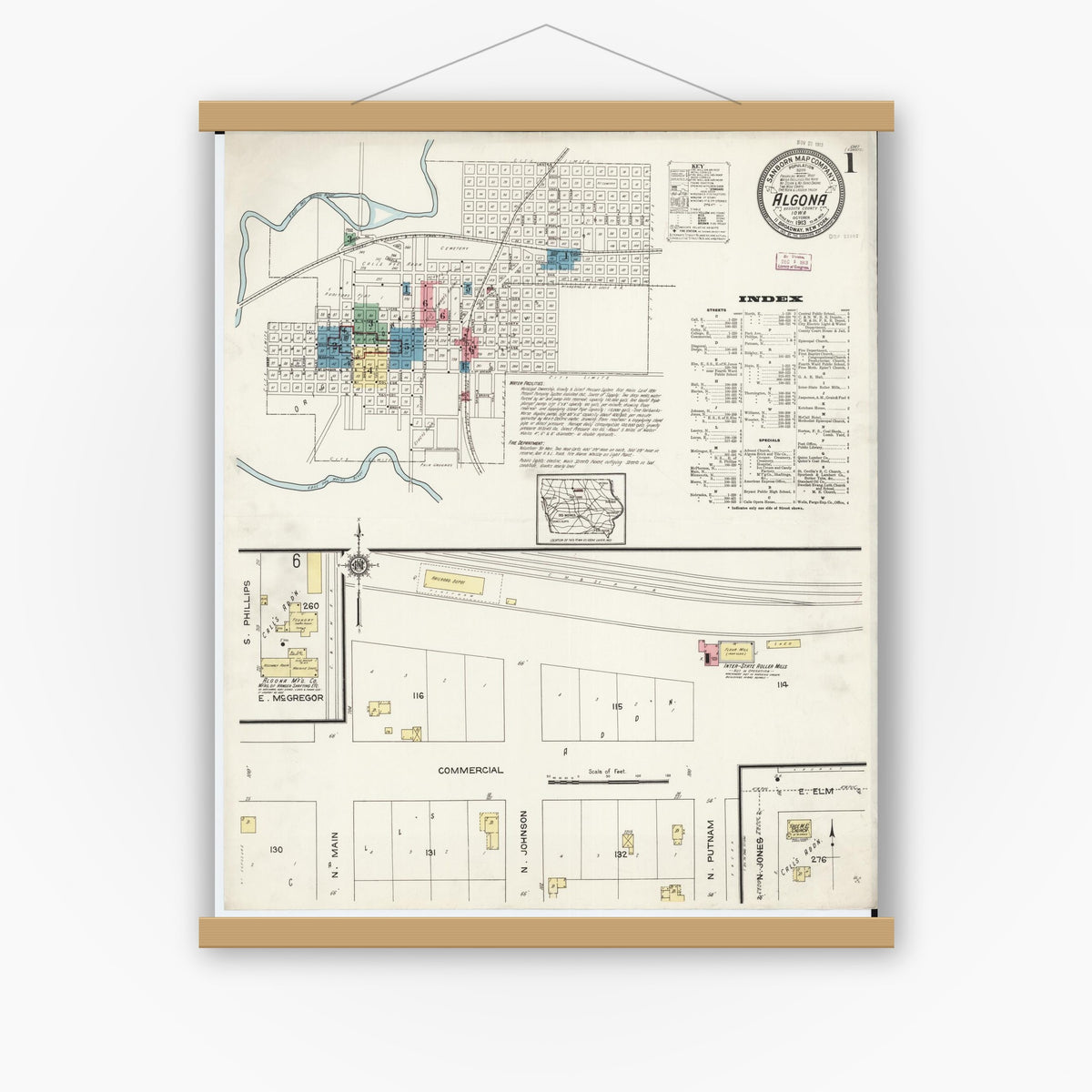 Old map wall art mockup — magnetic wood frame on white wall — Sanborn Fire Insurance Map from Algona, Kossuth County, Iowa (1913) â€” Complete Set