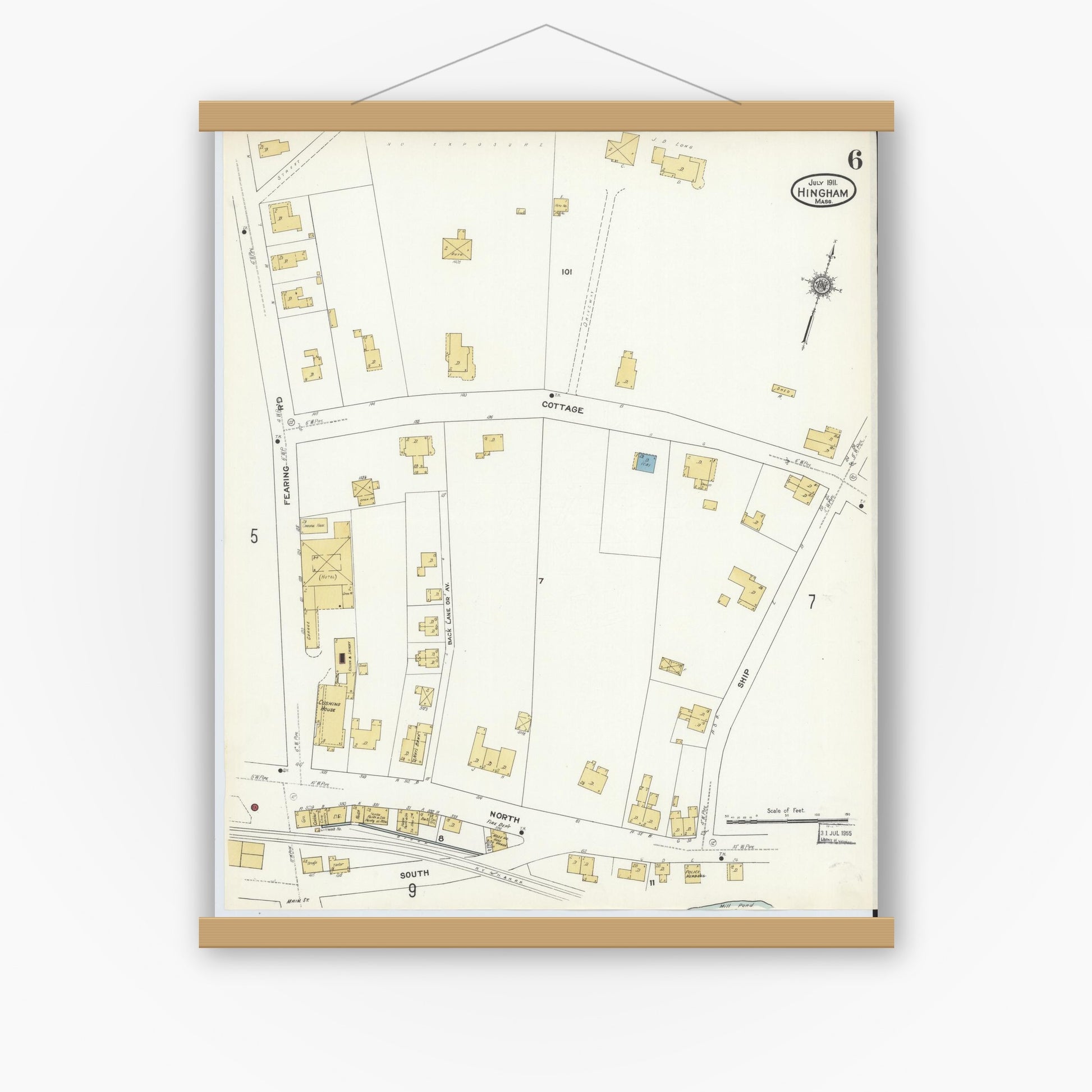 Old map wall art mockup — magnetic wood frame on white wall — Sanborn Fire Insurance Map from Hingham, Plymouth County, Massachusetts (1911), Sheet #0006