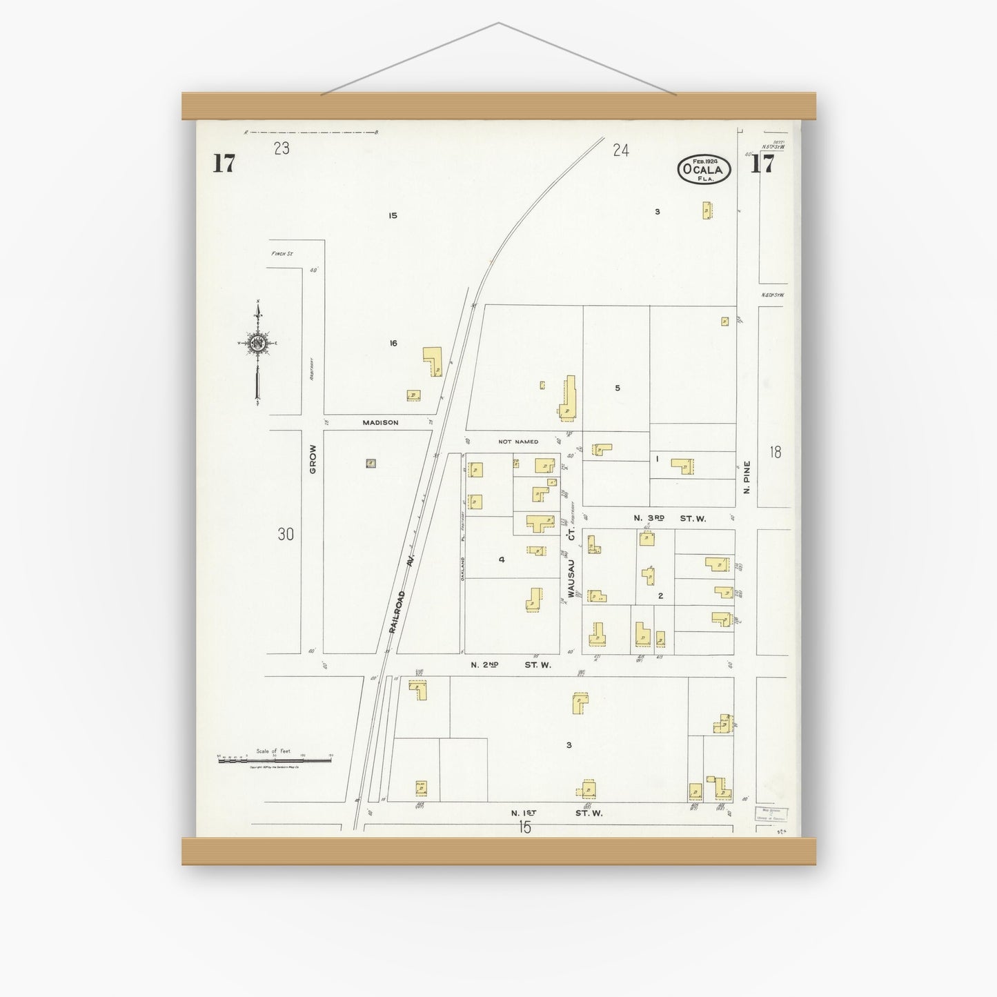 Old map wall art mockup — magnetic wood frame on white wall — Sanborn Fire Insurance Map from Ocala, Marion County, Florida (1924), Sheet #0017