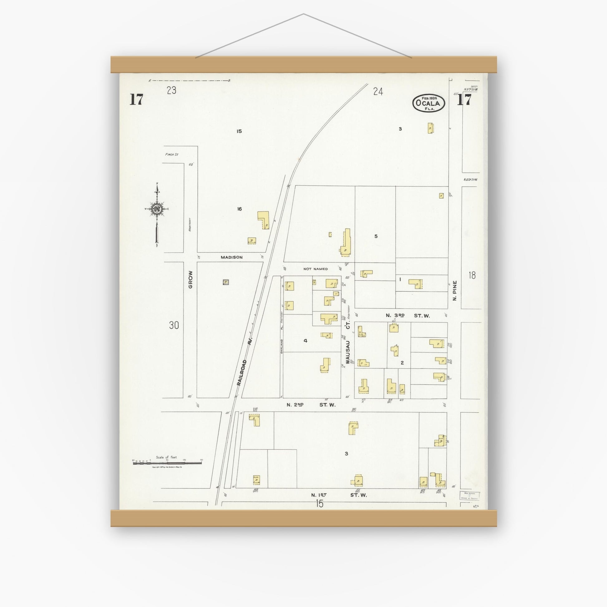 Old map wall art mockup — magnetic wood frame on white wall — Sanborn Fire Insurance Map from Ocala, Marion County, Florida (1924), Sheet #0017