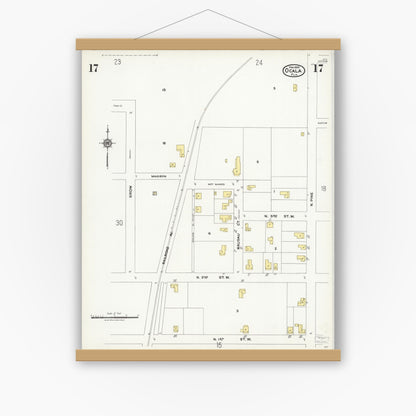 Old map wall art mockup — magnetic wood frame on white wall — Sanborn Fire Insurance Map from Ocala, Marion County, Florida (1924), Sheet #0017
