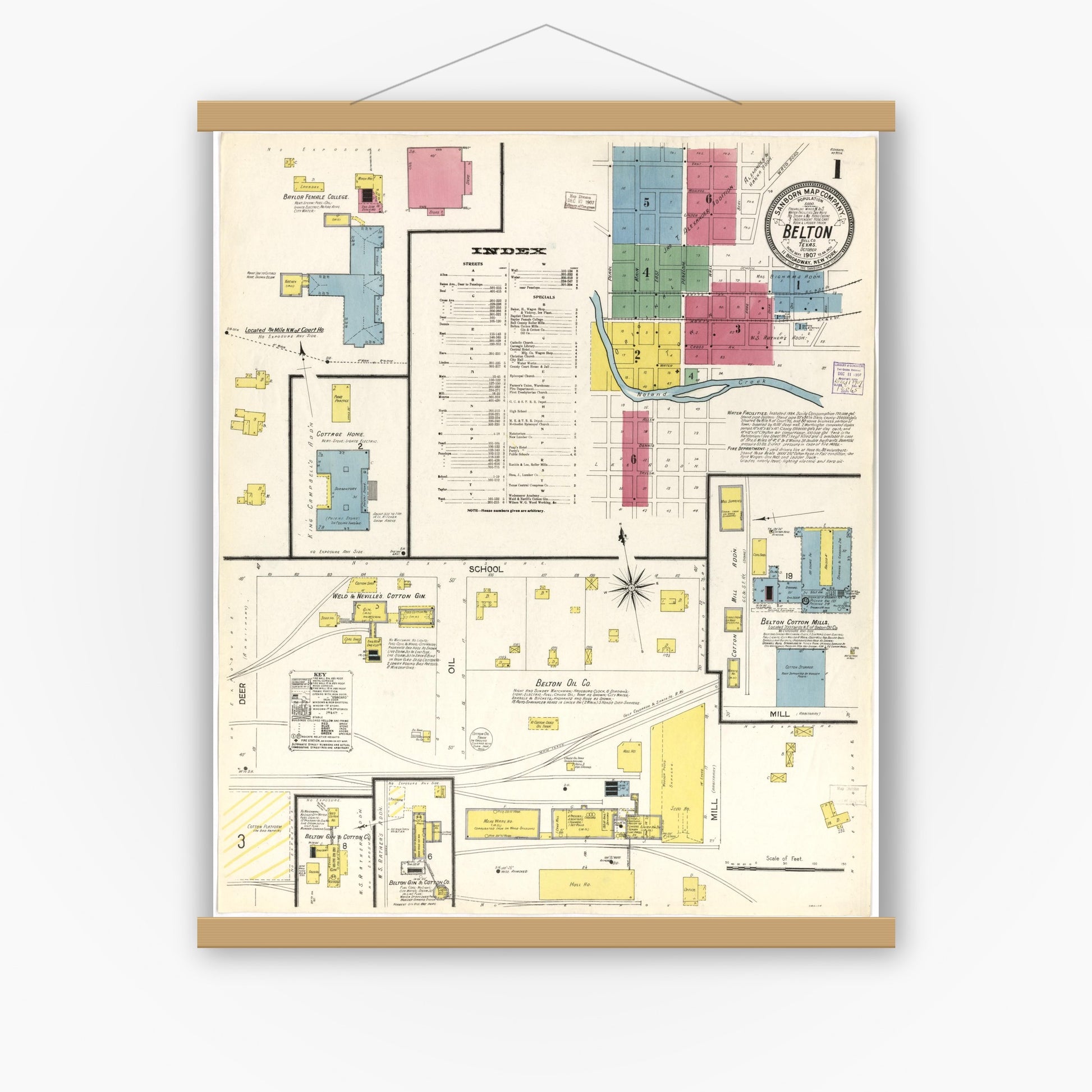 Old map wall art mockup — magnetic wood frame on white wall — Sanborn Fire Insurance Map from Belton, Bell County, Texas (1907), Sheet #0001
