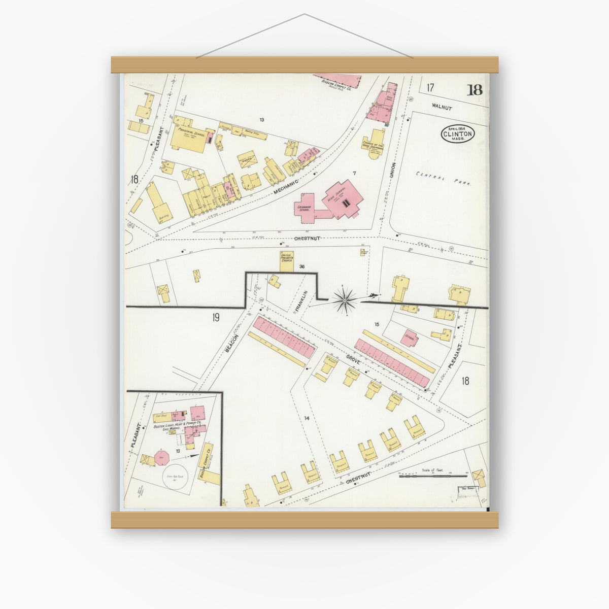 Old map wall art mockup — magnetic wood frame on white wall — Sanborn Fire Insurance Map from Clinton, Worcester County, Massachusetts (1904), Sheet #0018