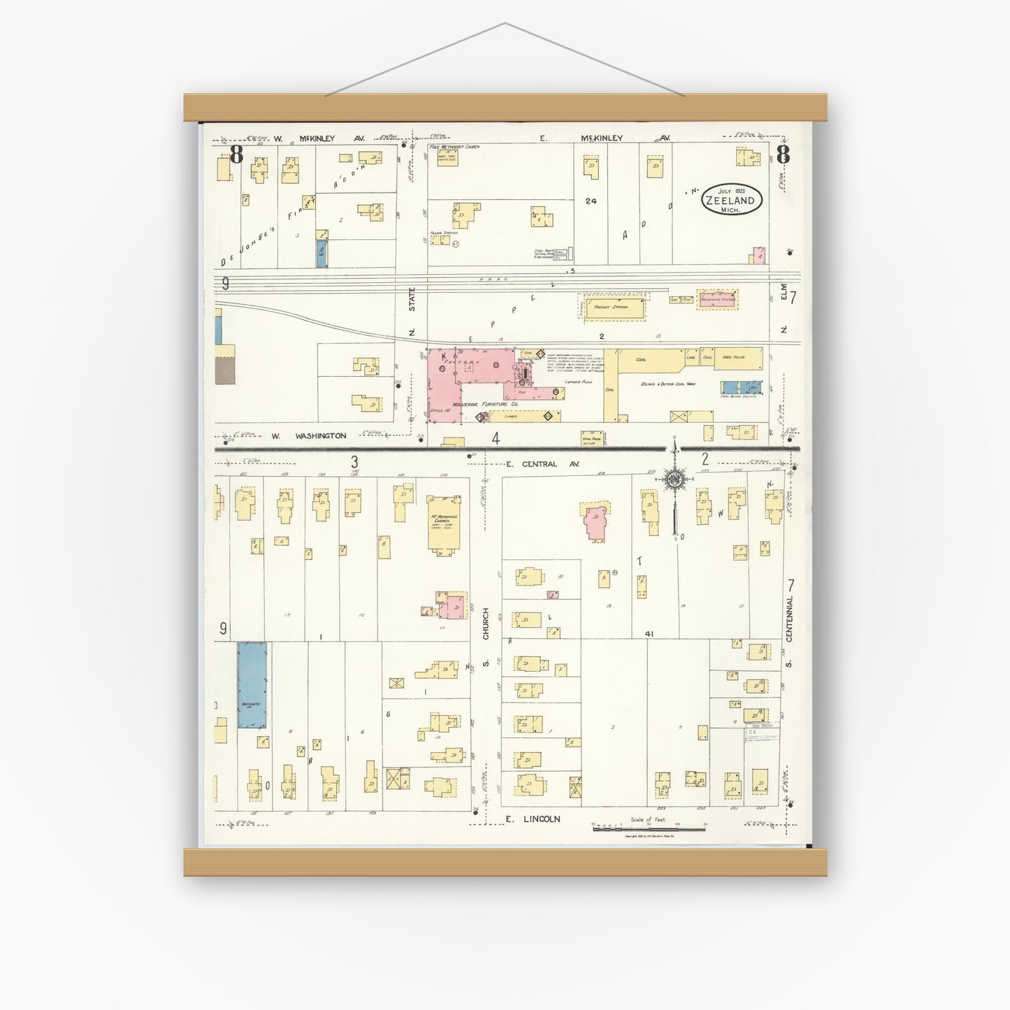Old map wall art mockup — magnetic wood frame on white wall — Sanborn Fire Insurance Map from Zeeland, Ottawa County, Michigan (1923), Sheet #0008