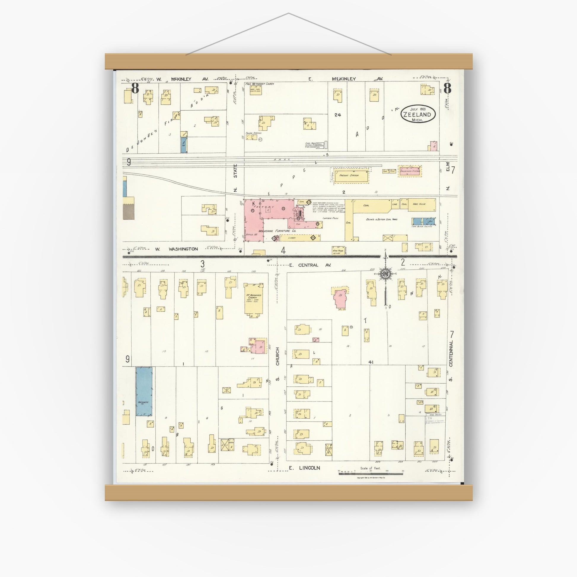Old map wall art mockup — magnetic wood frame on white wall — Sanborn Fire Insurance Map from Zeeland, Ottawa County, Michigan (1923), Sheet #0008