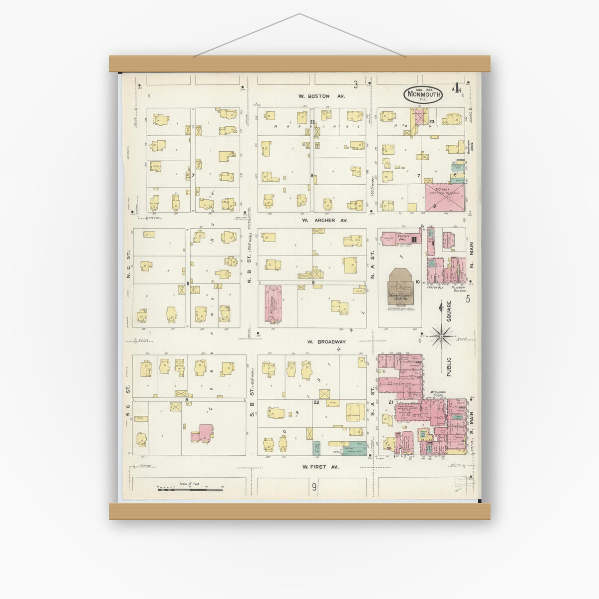 Old map wall art mockup — magnetic wood frame on white wall — Sanborn Fire Insurance Map from Monmouth, Warren County, Illinois (1907), Sheet #0004