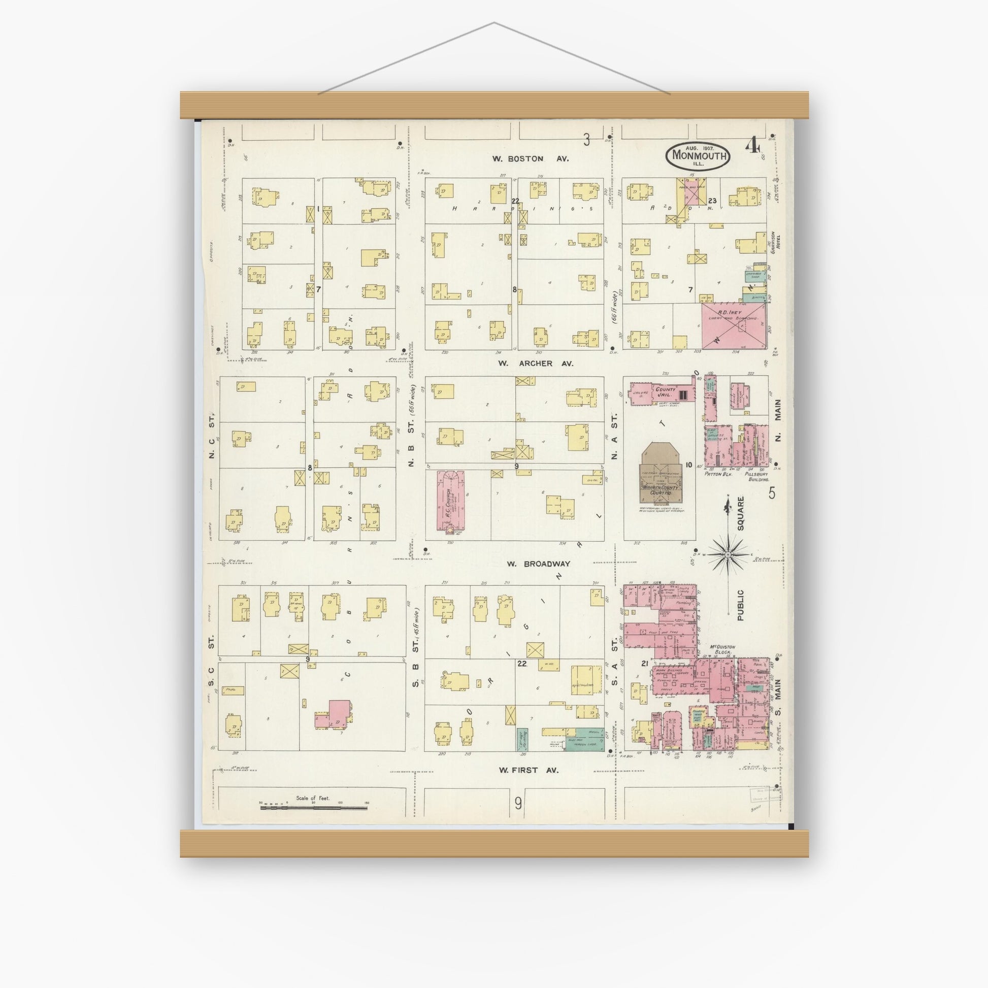 Old map wall art mockup — magnetic wood frame on white wall — Sanborn Fire Insurance Map from Monmouth, Warren County, Illinois (1907), Sheet #0004