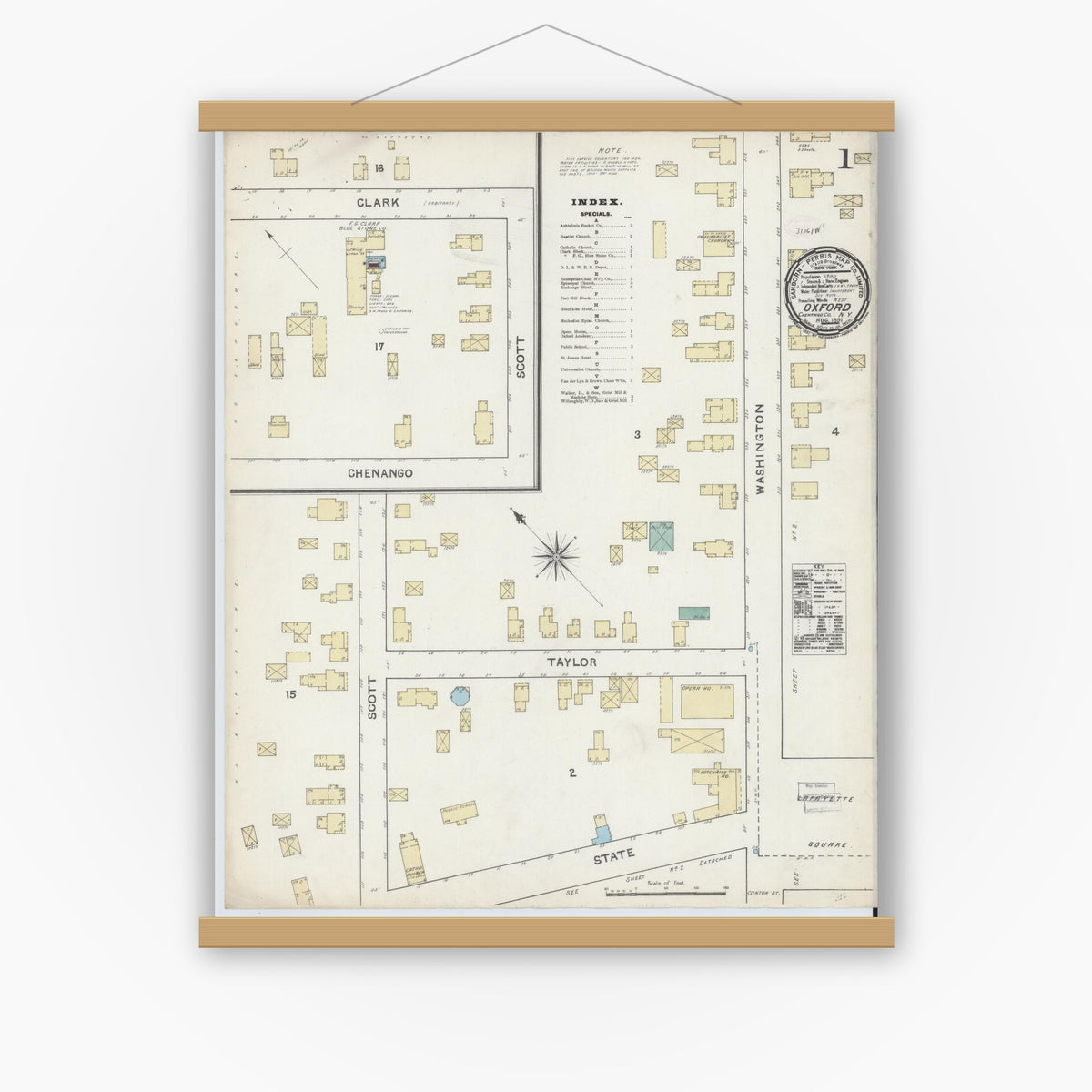 Old map wall art mockup — magnetic wood frame on white wall — Sanborn Fire Insurance Map from Oxford, Chenango County, New York (1891) - Complete Map Set
