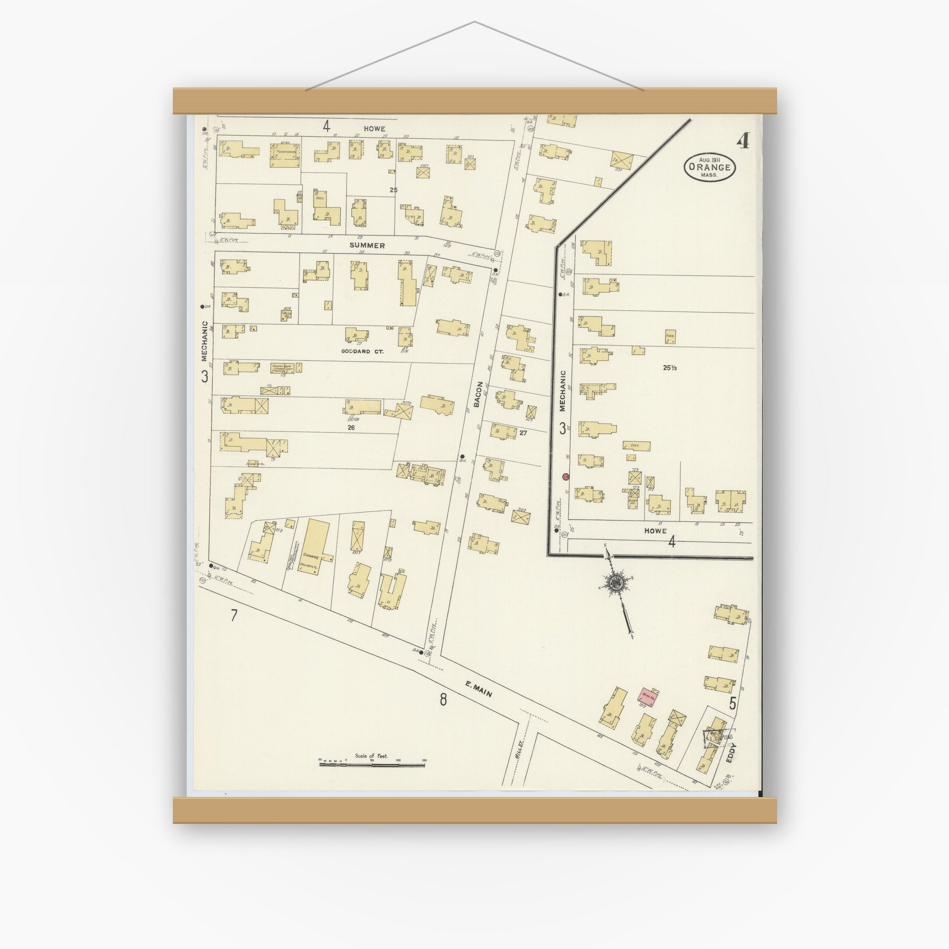 Old map wall art mockup — magnetic wood frame on white wall — Sanborn Fire Insurance Map from Orange, Franklin County, Massachusetts (1911), Sheet #0004