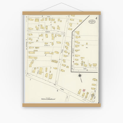 Old map wall art mockup — magnetic wood frame on white wall — Sanborn Fire Insurance Map from Orange, Franklin County, Massachusetts (1911), Sheet #0004