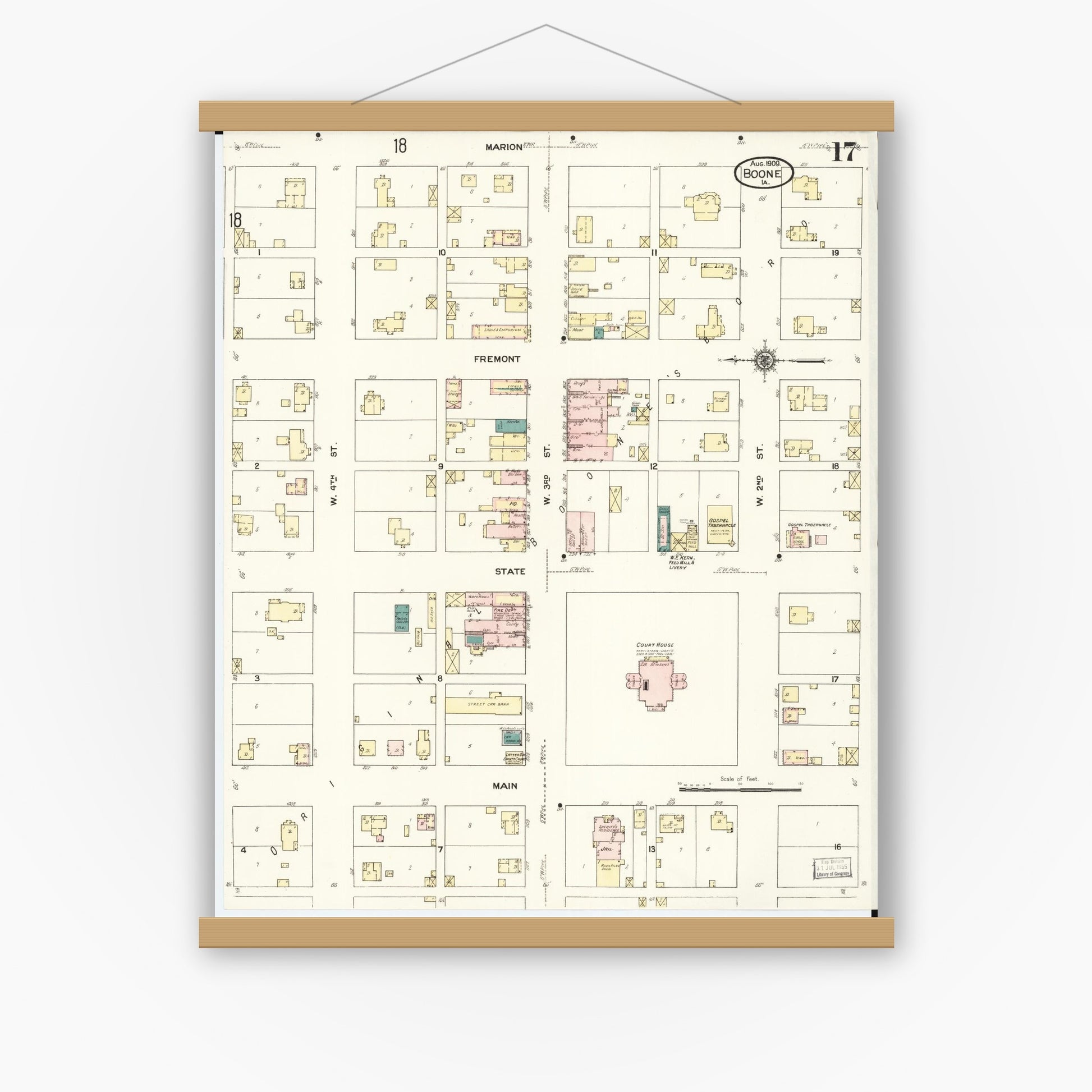 Old map wall art mockup — magnetic wood frame on white wall — Sanborn Fire Insurance Map from Boone, Boone County, Iowa (1909), Sheet #0017