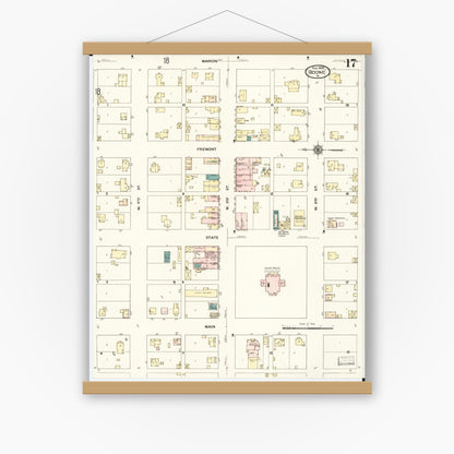 Old map wall art mockup — magnetic wood frame on white wall — Sanborn Fire Insurance Map from Boone, Boone County, Iowa (1909), Sheet #0017