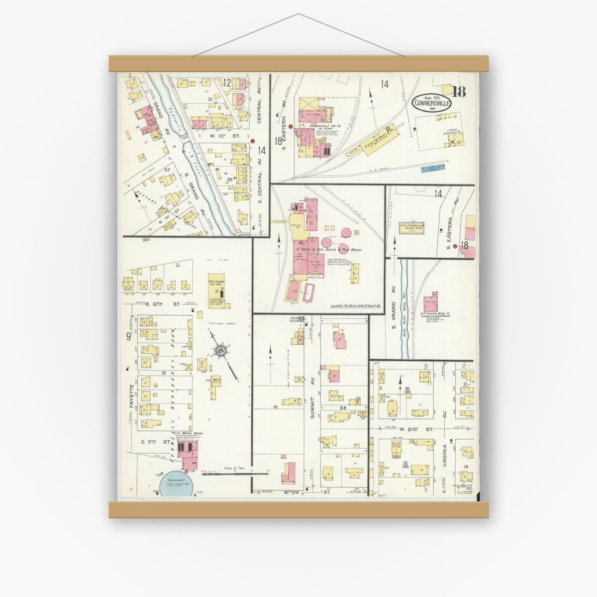 Old map wall art mockup — magnetic wood frame on white wall — Sanborn Fire Insurance Map from Connersville, Fayette County, Indiana (1913), Sheet #0018