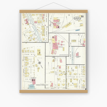 Old map wall art mockup — magnetic wood frame on white wall — Sanborn Fire Insurance Map from Connersville, Fayette County, Indiana (1913), Sheet #0018