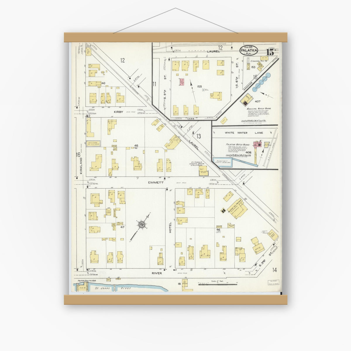 Old map wall art mockup — magnetic wood frame on white wall — Sanborn Fire Insurance Map from Palatka, Putnam County, Florida (1915), Sheet #0015