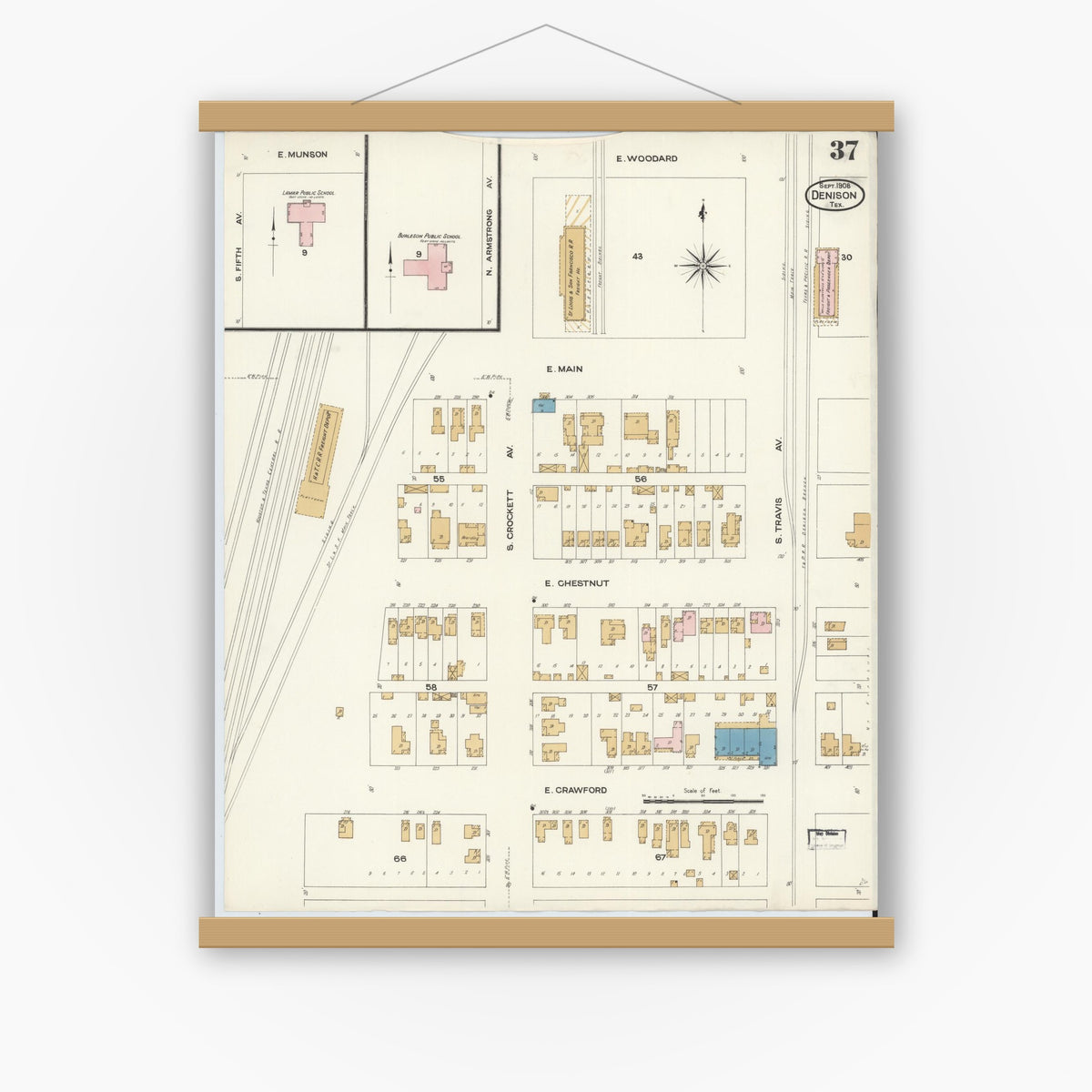 Old map wall art mockup — magnetic wood frame on white wall — Sanborn Fire Insurance Map from Denison, Grayson County, Texas (1908), Sheet #0037
