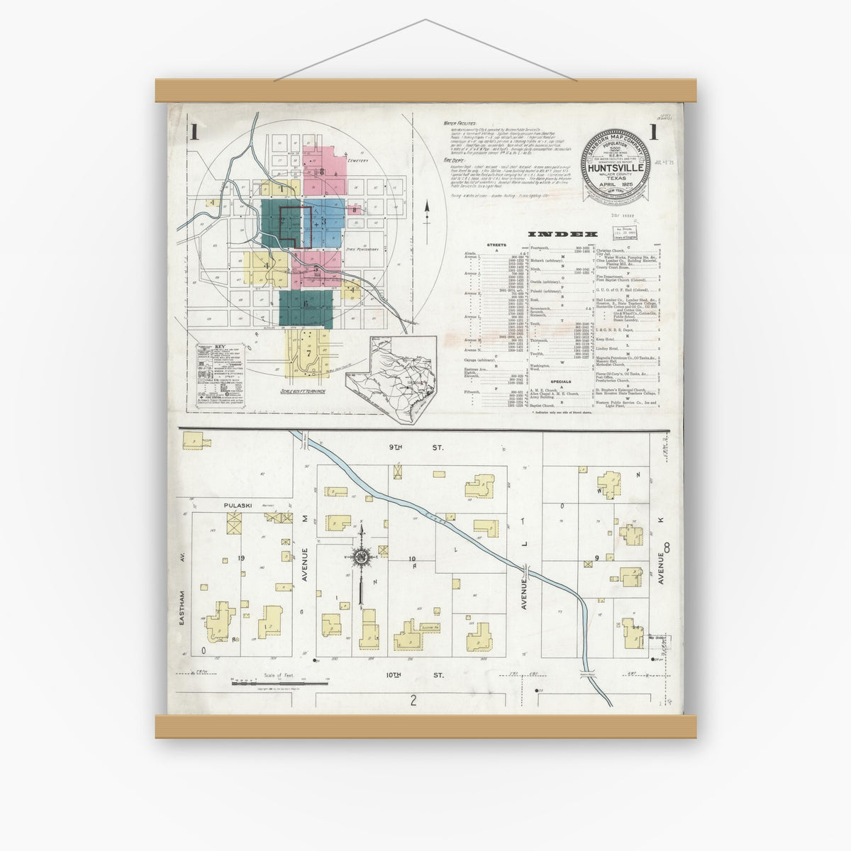 Old map wall art mockup — magnetic wood frame on white wall — Sanborn Fire Insurance Map from Huntsville, Walker County, Texas (1925), Sheet #0001