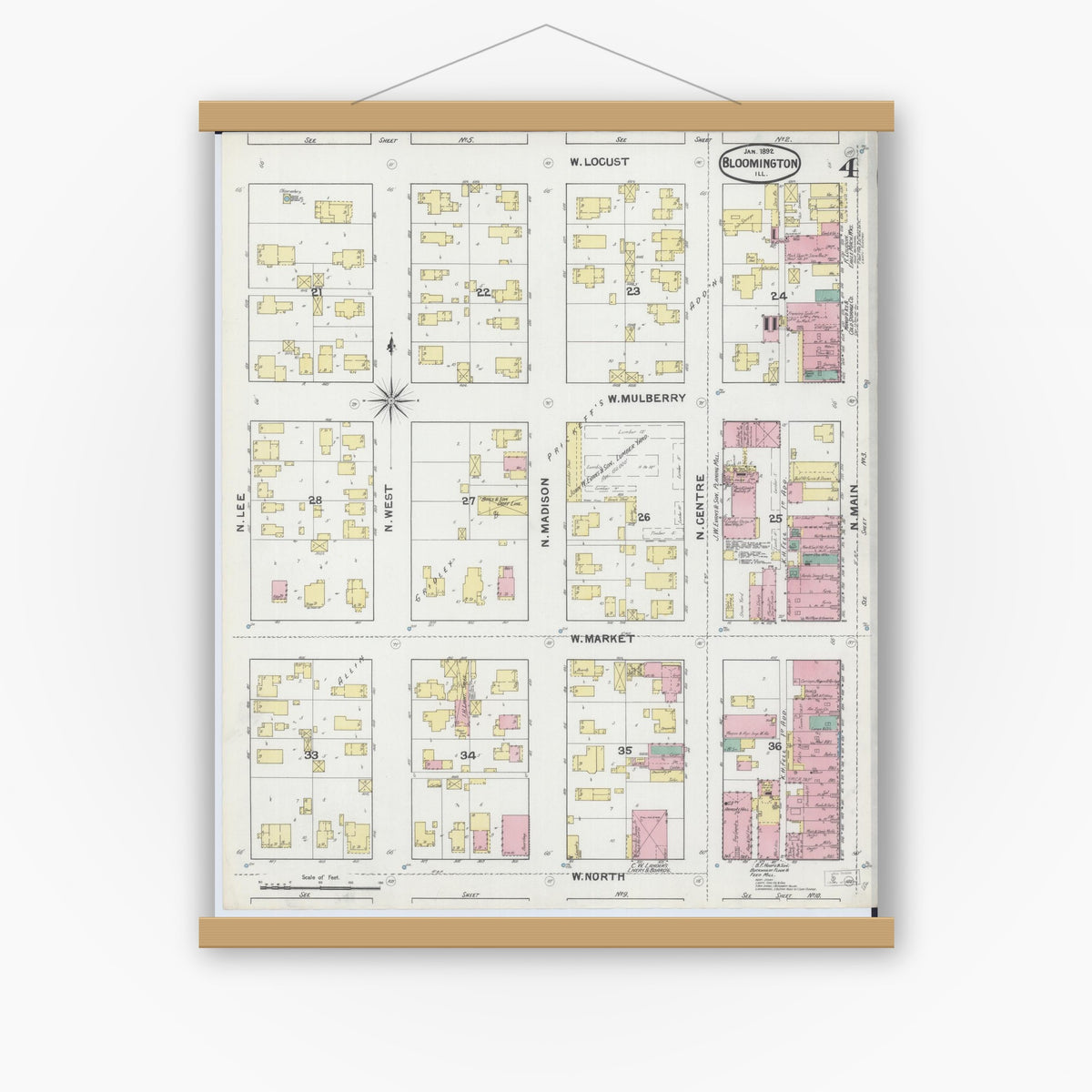 Old map wall art mockup — magnetic wood frame on white wall — Sanborn Fire Insurance Map from Bloomington, McLean County, Illinois (1892), Sheet #0004