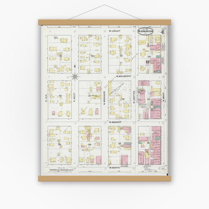 Old map wall art mockup — magnetic wood frame on white wall — Sanborn Fire Insurance Map from Bloomington, McLean County, Illinois (1892), Sheet #0004