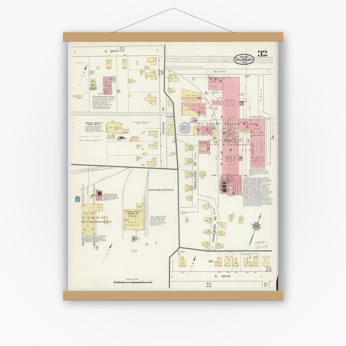 Old map wall art mockup — magnetic wood frame on white wall — Sanborn Fire Insurance Map from Salisbury, Rowan County, North Carolina (1913), Sheet #0032