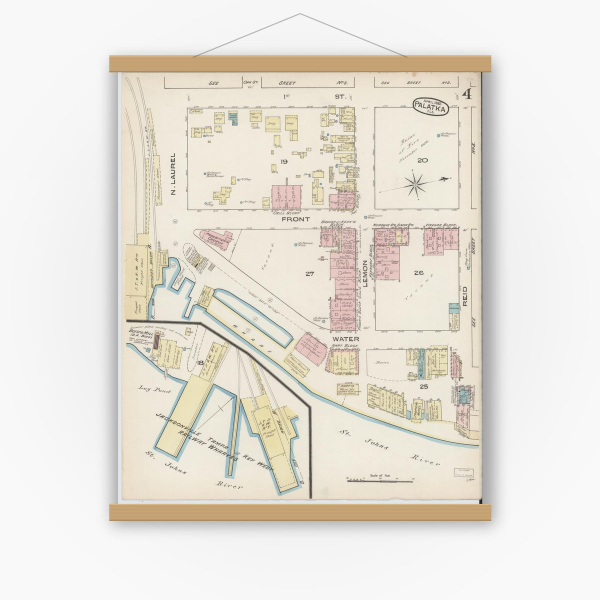Old map wall art mockup — magnetic wood frame on white wall — Sanborn Fire Insurance Map from Palatka, Putnam County, Florida (1885), Sheet #0004