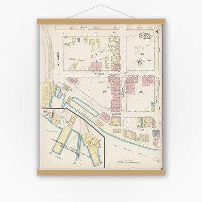 Old map wall art mockup — magnetic wood frame on white wall — Sanborn Fire Insurance Map from Palatka, Putnam County, Florida (1885), Sheet #0004