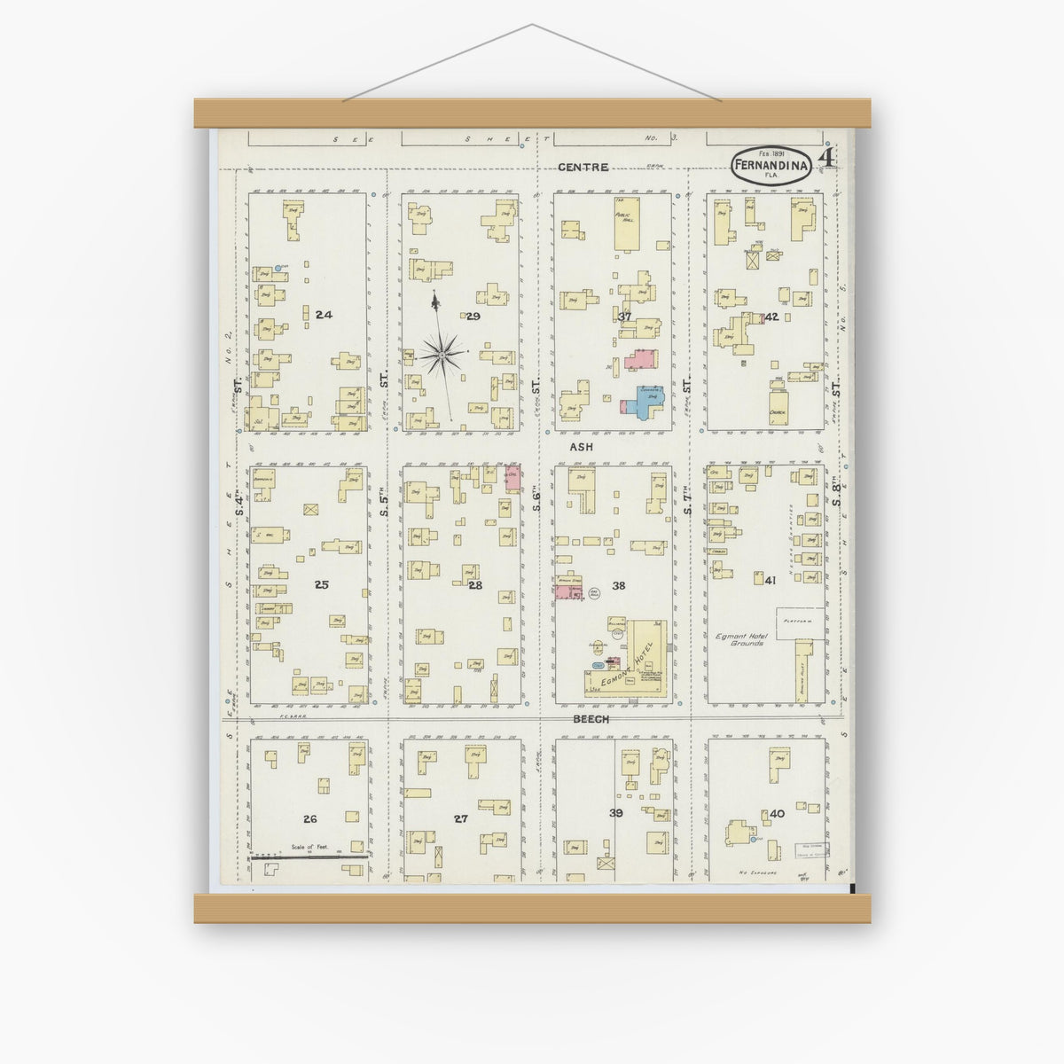Old map wall art mockup — magnetic wood frame on white wall — Sanborn Fire Insurance Map from Fernandina, Nassau County, Florida (1891), Sheet #0004