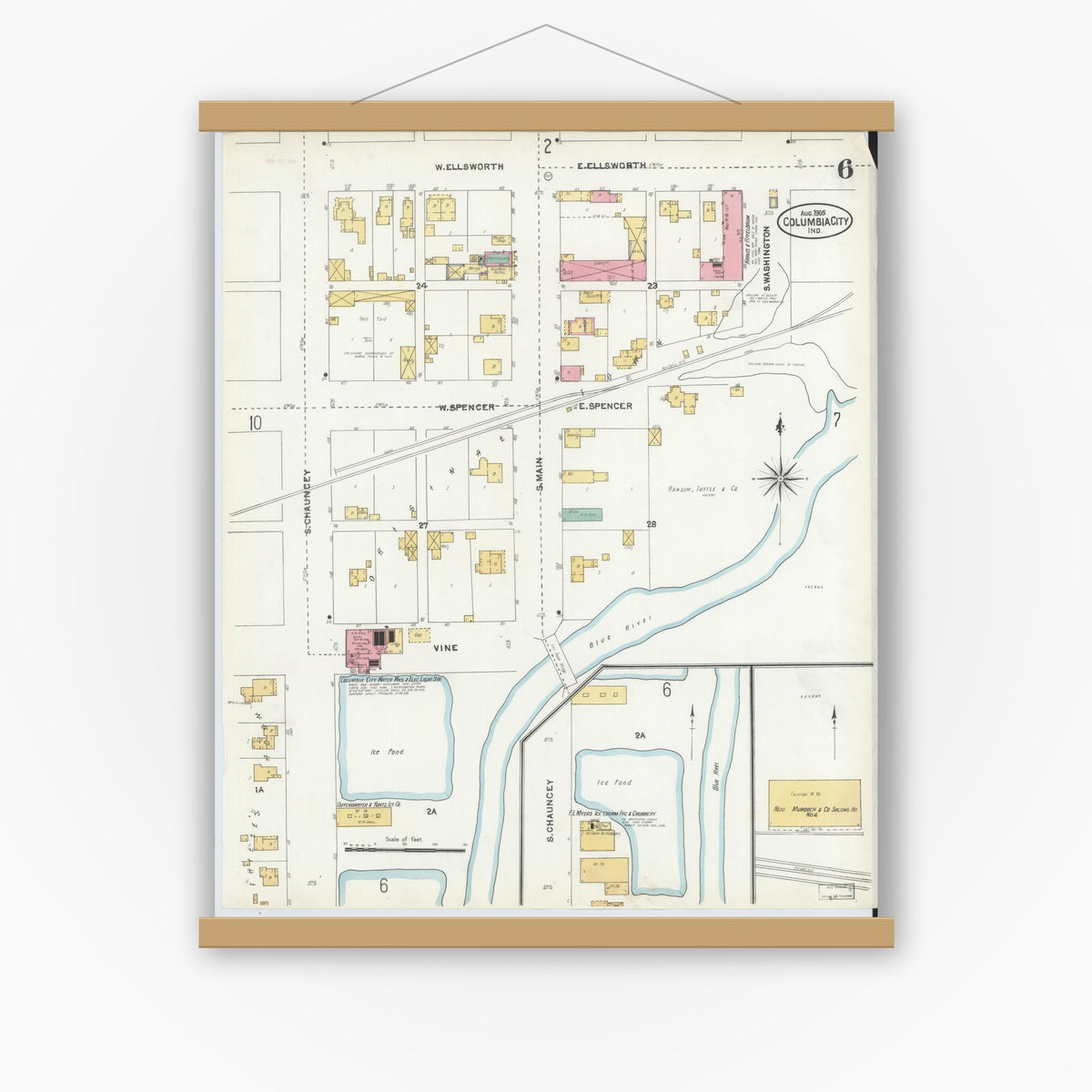 Old map wall art mockup — magnetic wood frame on white wall — Sanborn Fire Insurance Map from Columbia City, Whitley County, Indiana (1905), Sheet #0006