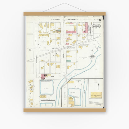 Old map wall art mockup — magnetic wood frame on white wall — Sanborn Fire Insurance Map from Columbia City, Whitley County, Indiana (1905), Sheet #0006