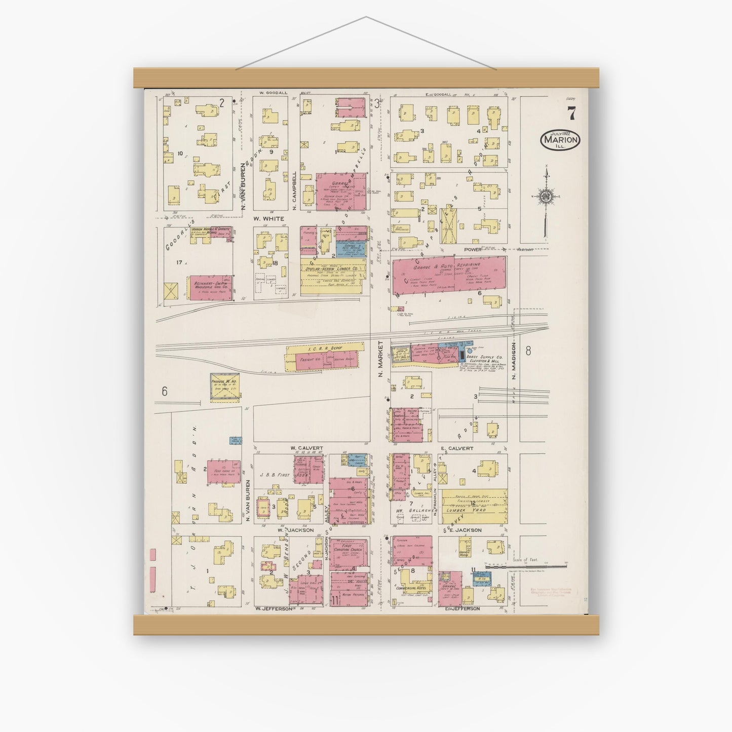Old map wall art mockup — magnetic wood frame on white wall — Sanborn Fire Insurance Map from Marion, Williamson County, Illinois (1922), Sheet #0007