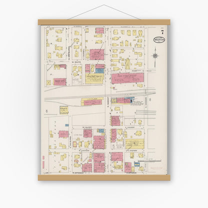 Old map wall art mockup — magnetic wood frame on white wall — Sanborn Fire Insurance Map from Marion, Williamson County, Illinois (1922), Sheet #0007