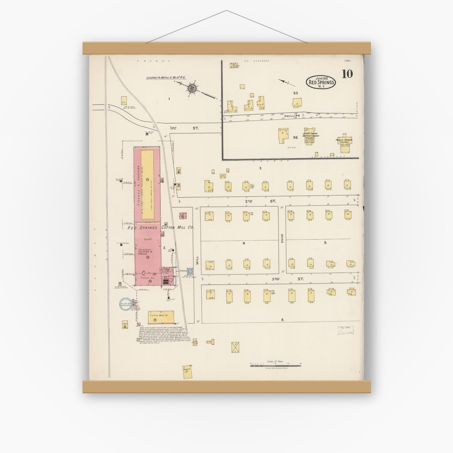 Old map wall art mockup — magnetic wood frame on white wall — Sanborn Fire Insurance Map from Red Springs, Robeson County, North Carolina (1922), Sheet #0010